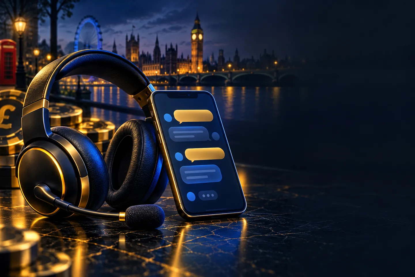 Editorial illustration of a headset and smartphone with abstract chat window on deep navy background, gold accents and subtle