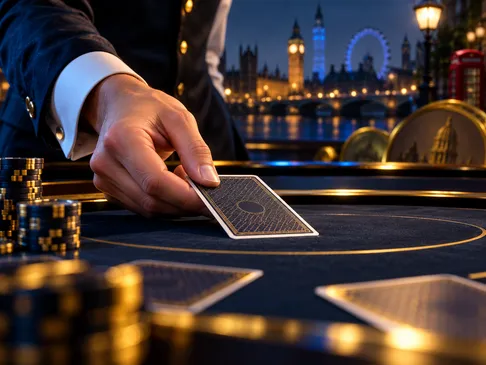 A dealer's hand dealing a playing card against a deep navy background with gold highlights and subtle London skyline silhouet