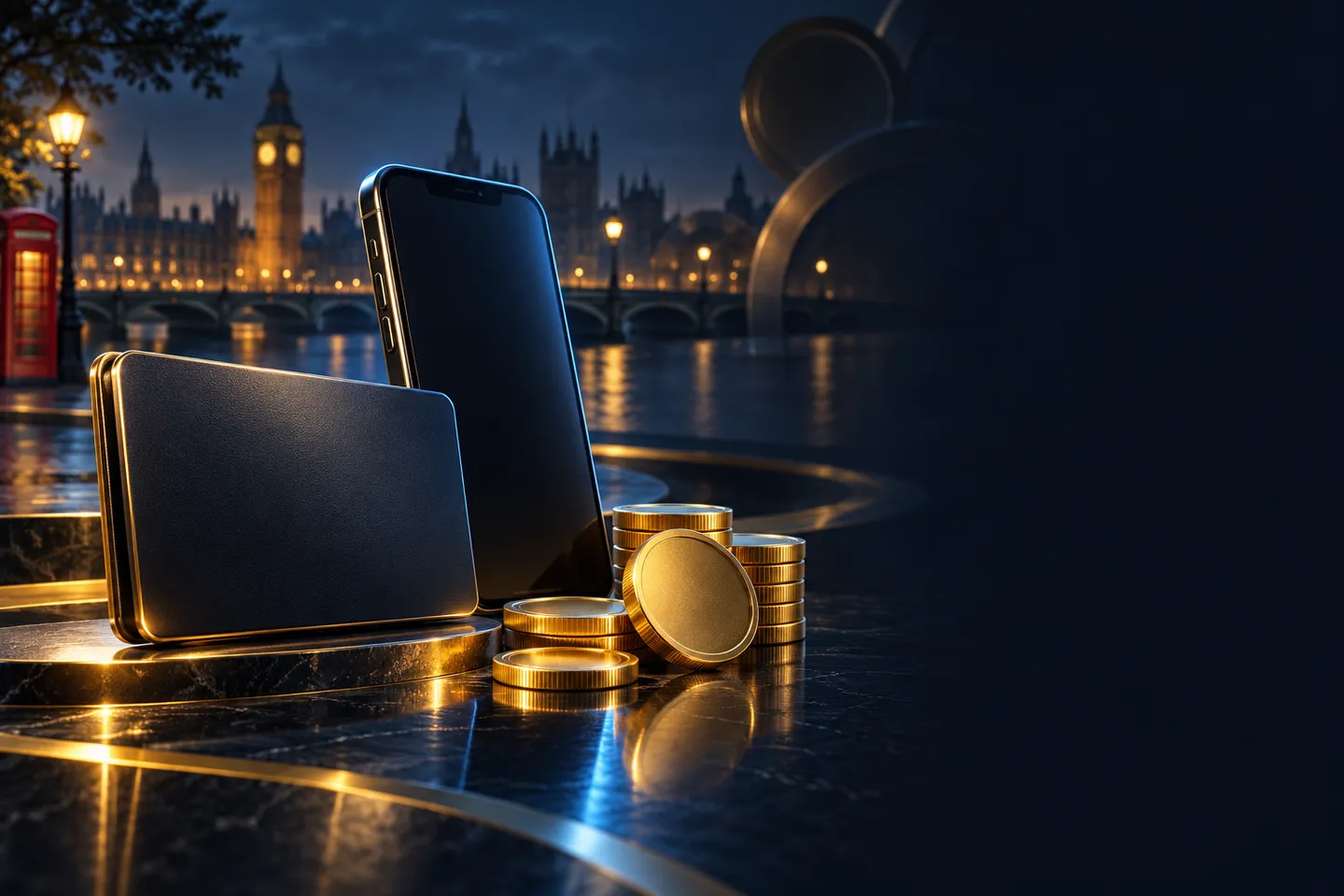 E-wallet card beside a smartphone and gold coins with London skyline silhouette on deep navy background