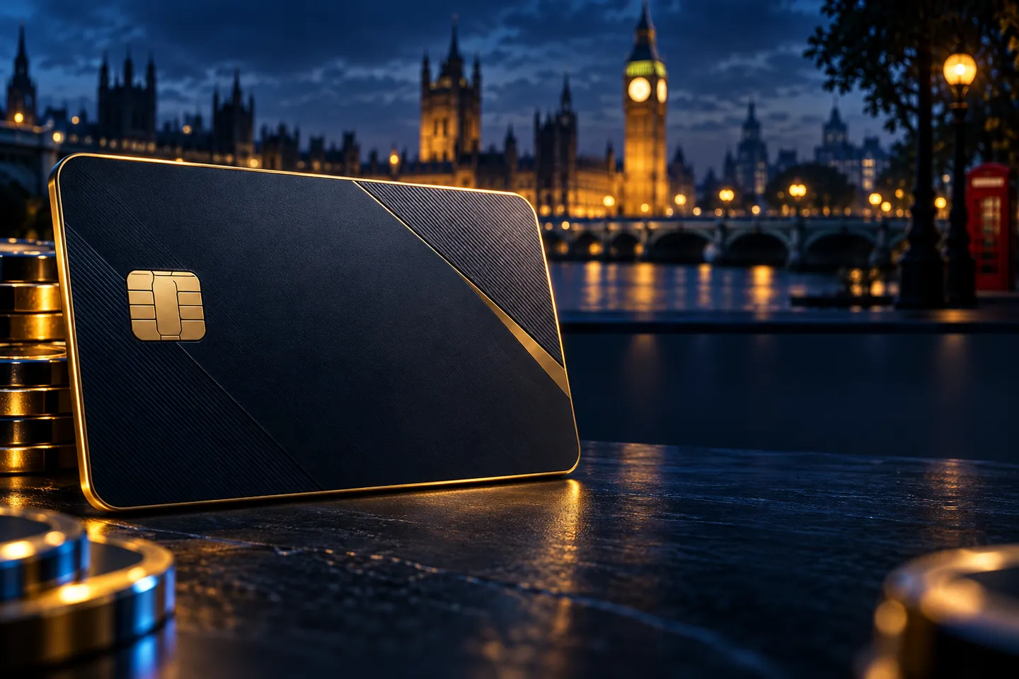 Gold-edged debit card on deep navy background with London skyline silhouette and electric-blue rim light, cinematic editorial