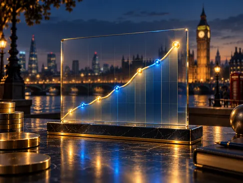 Semi-realistic digital illustration of a glowing line chart in gold and electric blue against a deep navy background with sub