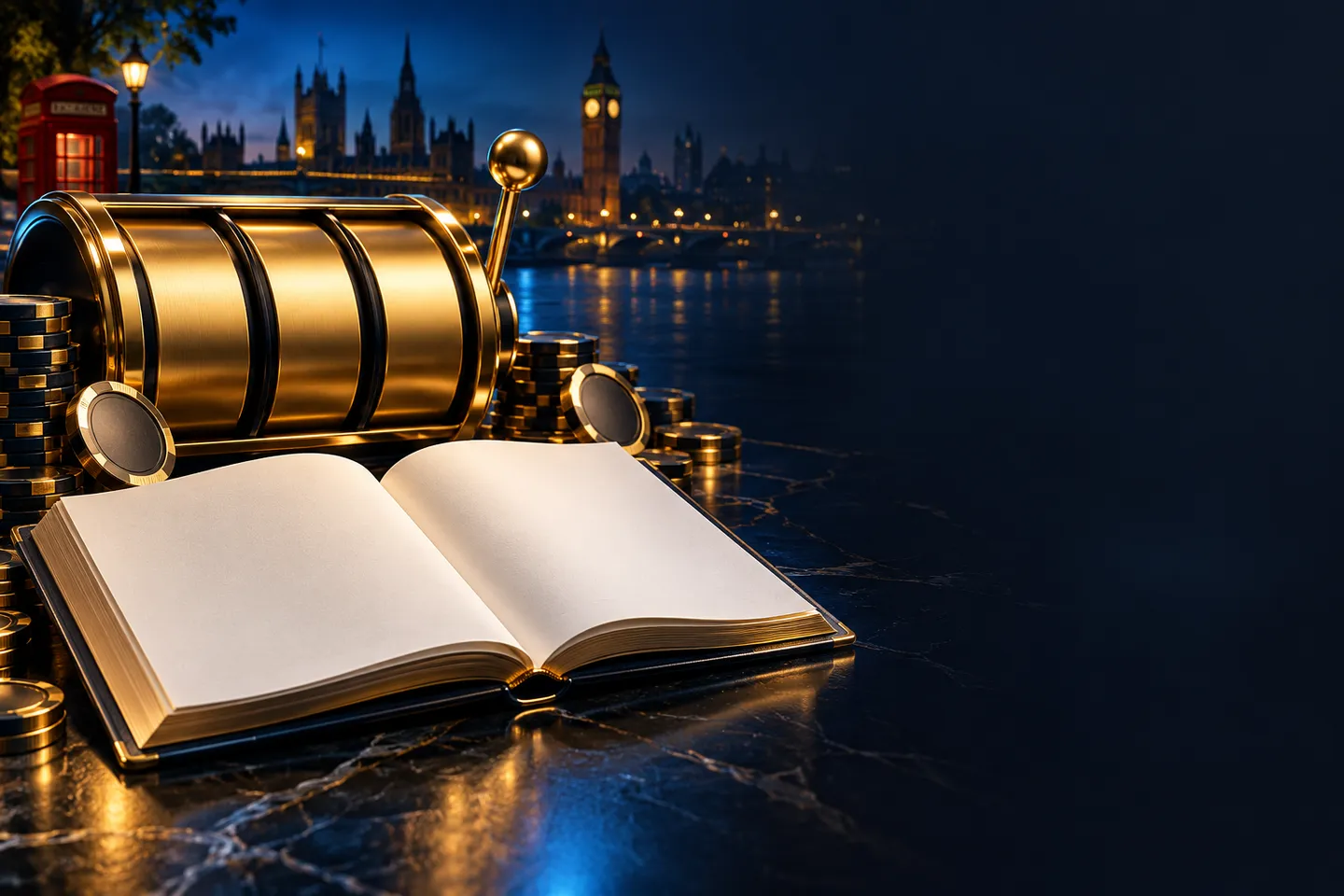 Editorial hero banner showing an open document beside gold spinning slot reels on a deep navy background with British-themed 