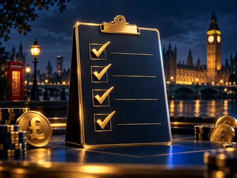A gold-ticked checklist illustration in deep navy and charcoal with electric-blue rim light and subtle London skyline accents