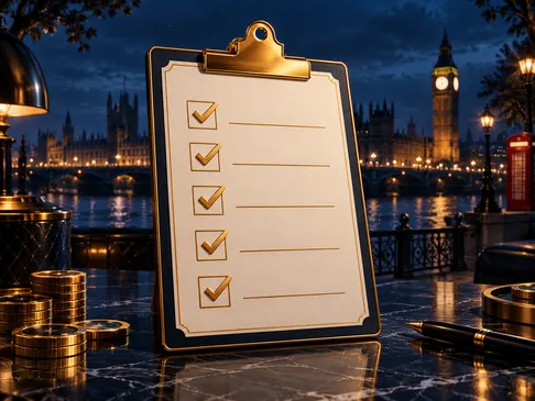 Illustrated golden checklist with tick marks on a deep navy background with electric-blue rim lighting and subtle London skyl