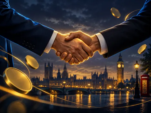 Cinematic handshake silhouette with gold highlights and electric-blue rim light against deep navy background with subtle Lond