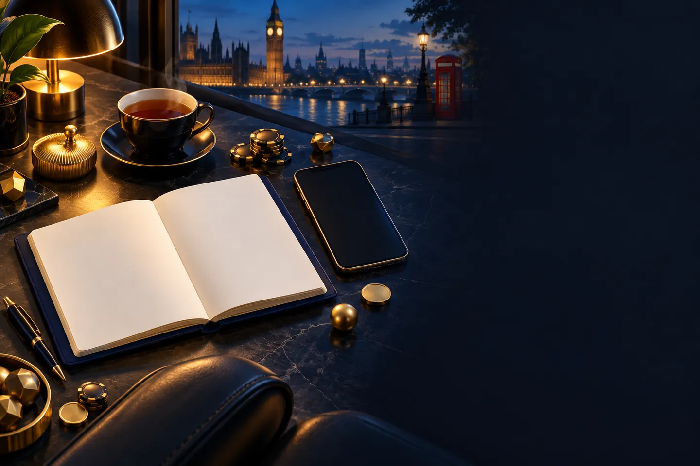 Overhead flat-lay of a notebook, smartphone and tea cup on a deep navy desk with gold accents and a dark right panel for text