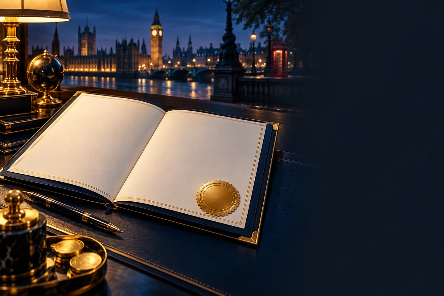 An open official document with a gold seal resting on a navy desk, with London skyline silhouette and cinematic gold lighting