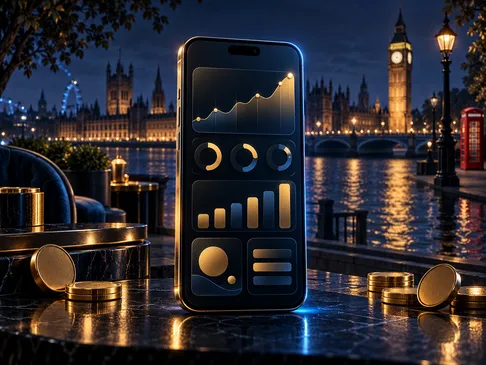 Semi-realistic digital illustration of a glowing smartphone screen against a deep navy background with gold highlights and a 