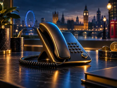 A classic telephone handset rendered in deep navy and gold tones with a London skyline silhouette in the soft-lit background.