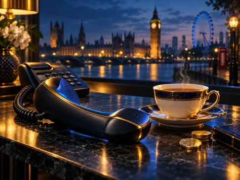 A classic telephone handset beside a steaming cup of tea in deep navy and gold tones with subtle London skyline silhouette ac