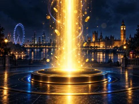Cinematic jackpot light beam rising against a deep navy background with gold highlights and subtle London skyline silhouette