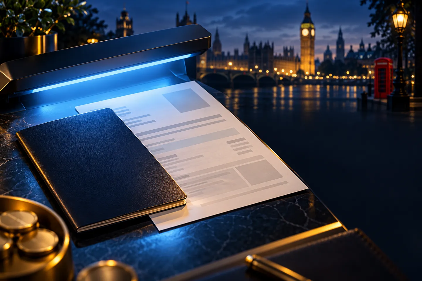 Passport and utility bill illuminated under scanner light on a dark navy background with gold accents and British skyline sil
