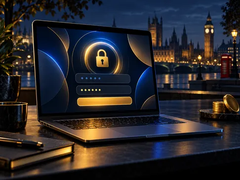 Cinematic semi-realistic illustration of a laptop with an abstract login screen, deep navy background, gold highlights, subtl