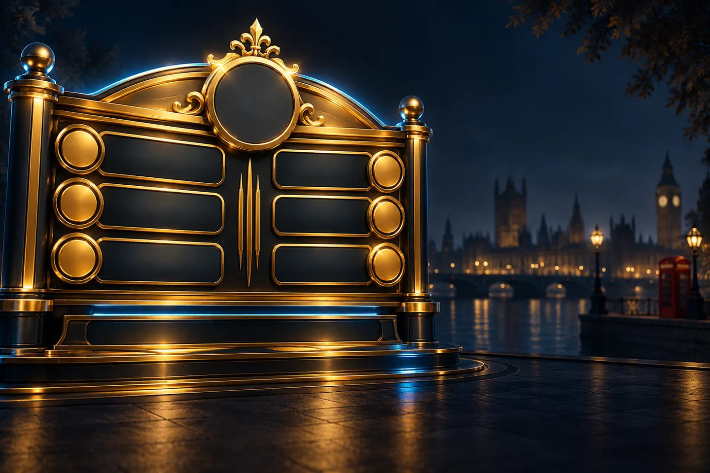 Abstract gold scoreboard panel with deep navy background and electric-blue rim light, featuring subtle London skyline silhoue