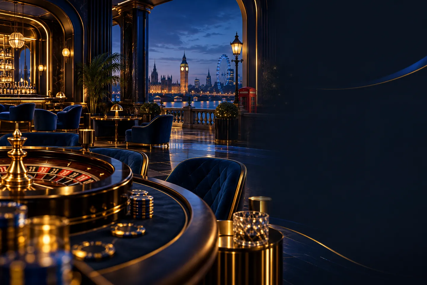 Sleek dark-blue online casino lobby with gold accents and a subtle London skyline silhouette, cinematic editorial hero banner