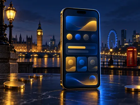 Semi-realistic digital painting of a smartphone displaying an abstract approval screen, set against a deep navy background wi