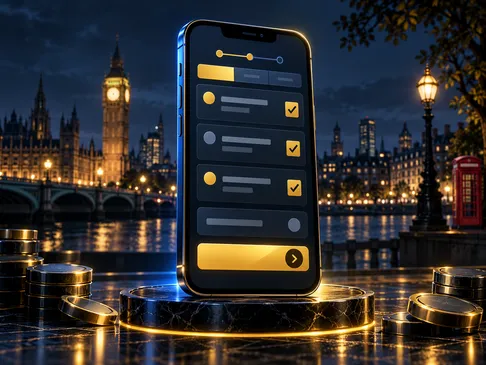 Semi-realistic smartphone showing a bet slip, deep navy and gold palette with subtle London skyline silhouette and electric-b