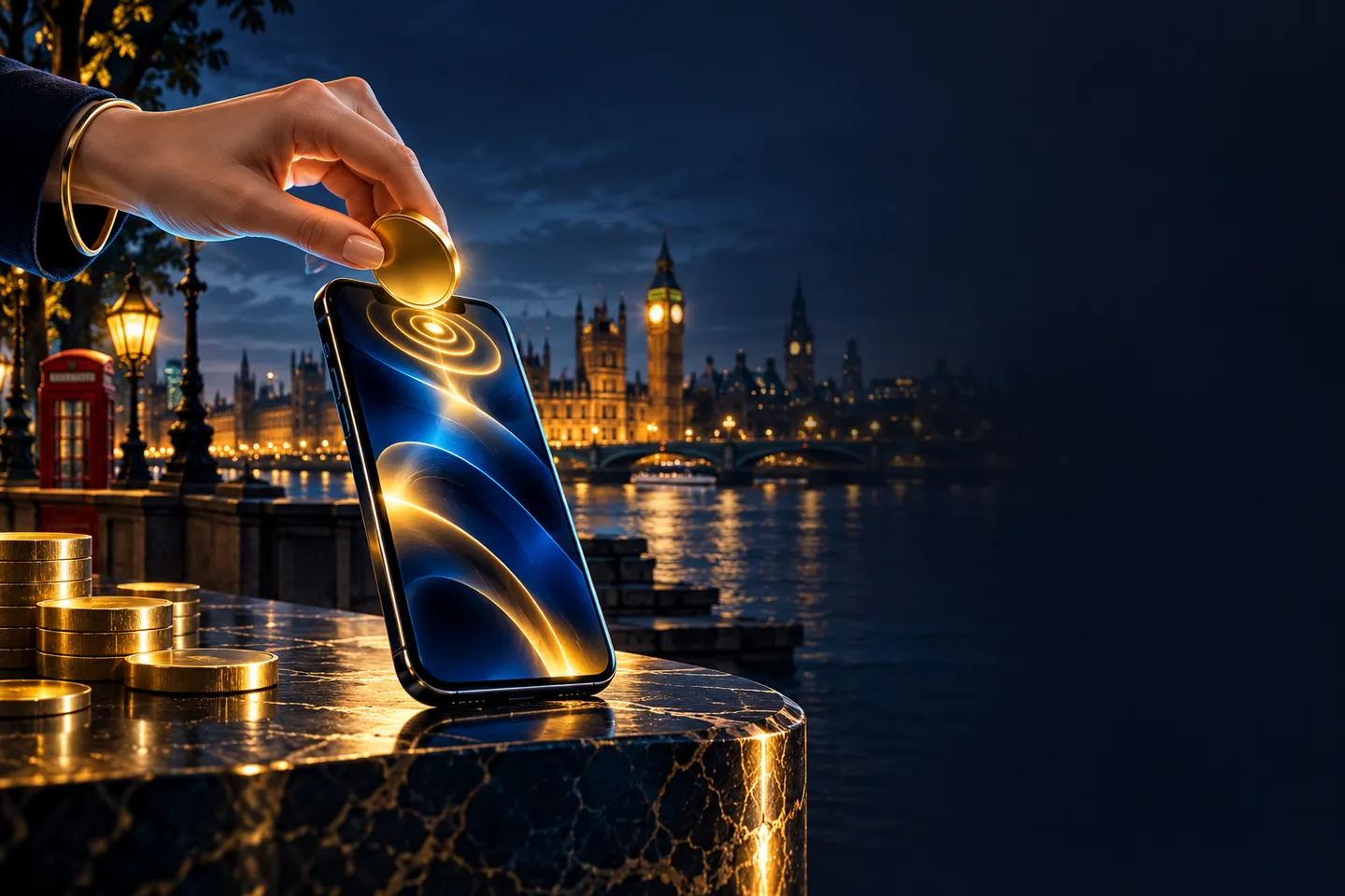A premium editorial illustration of a smartphone with an abstract contactless payment gesture in navy and gold tones against 