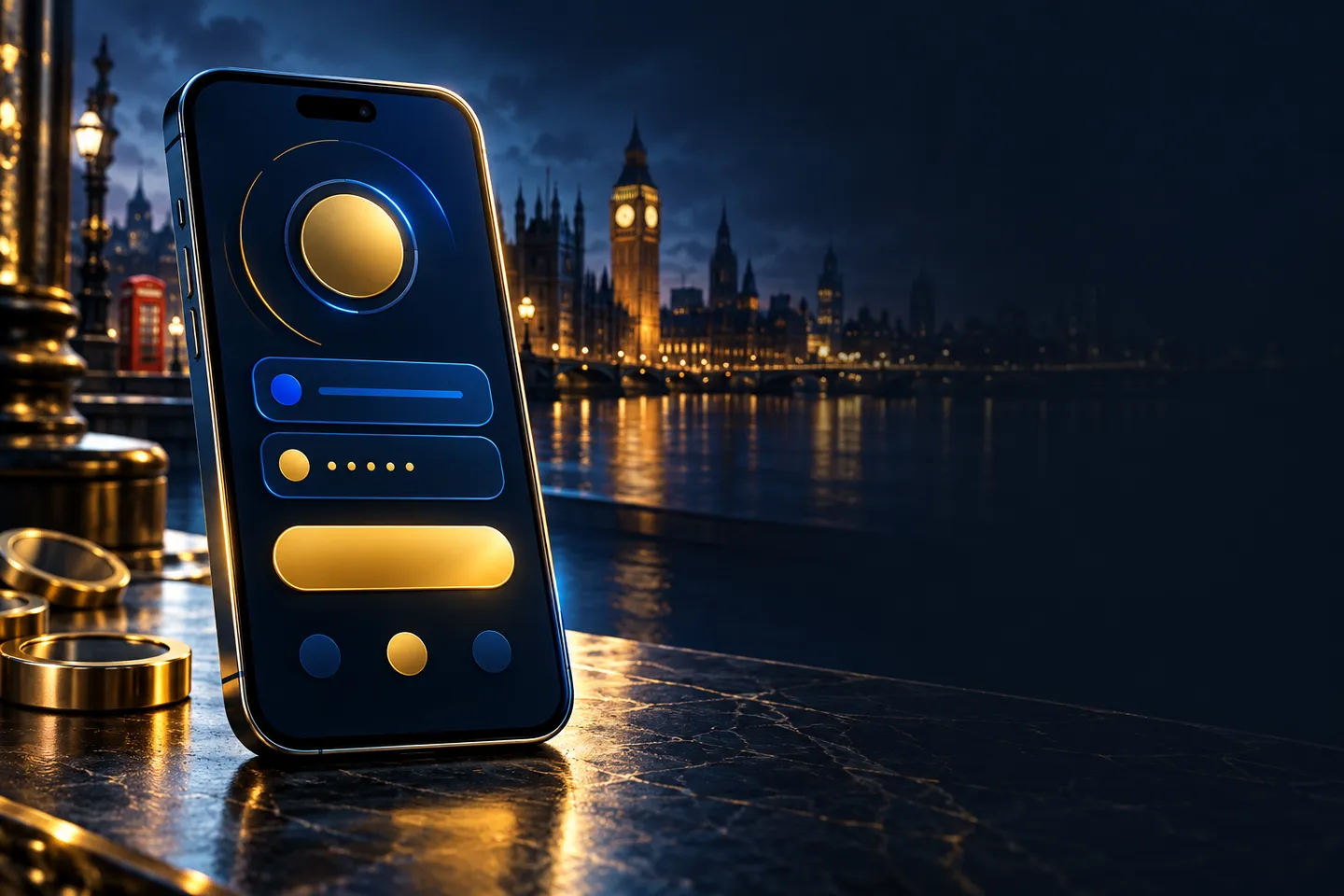 A smartphone displaying an abstract blue and gold login interface against a deep navy background with subtle London skyline a