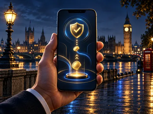 Smartphone showing abstract transfer screen with gold highlights and electric-blue rim light against deep navy background wit