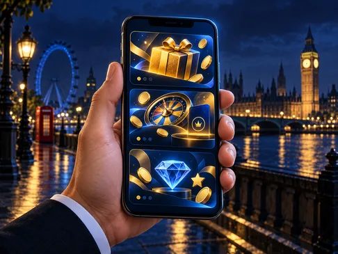 Smartphone displaying an abstract promotions page, deep navy and gold palette with subtle London skyline silhouette and elect