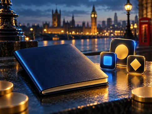 Editorial illustration of a passport beside abstract app icons, deep navy background with gold highlights and subtle British 