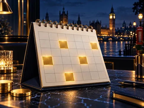 A glowing calendar with gold-highlighted days against a deep navy background with subtle British skyline accents and electric