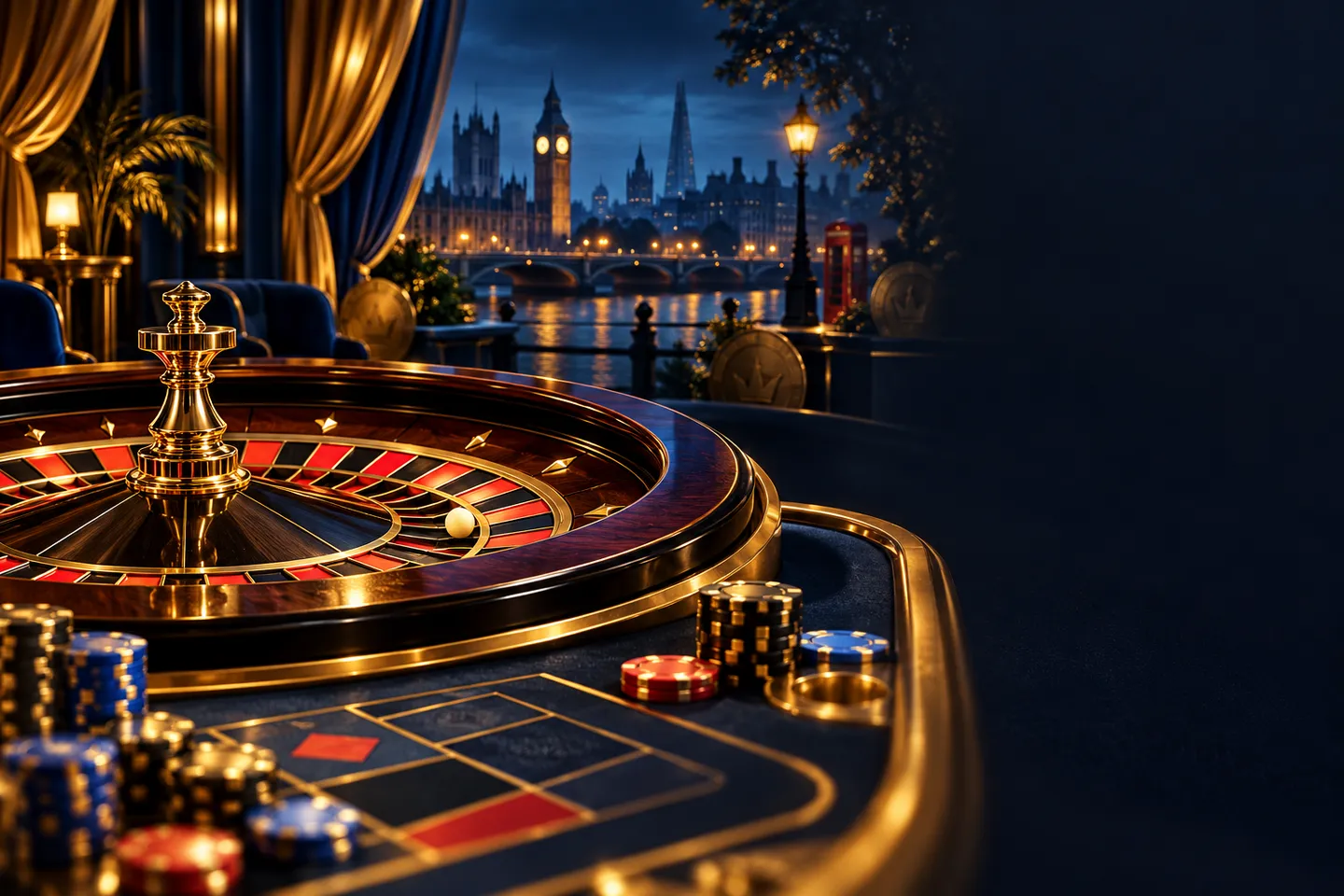 Theatre-style roulette table with sweeping gold curtains, cinematic navy and gold lighting, subtle London skyline silhouette 