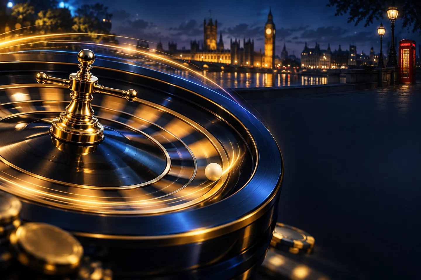 Spinning roulette wheel with gold glow on deep navy background, cinematic lighting, subtle London skyline silhouette, electri