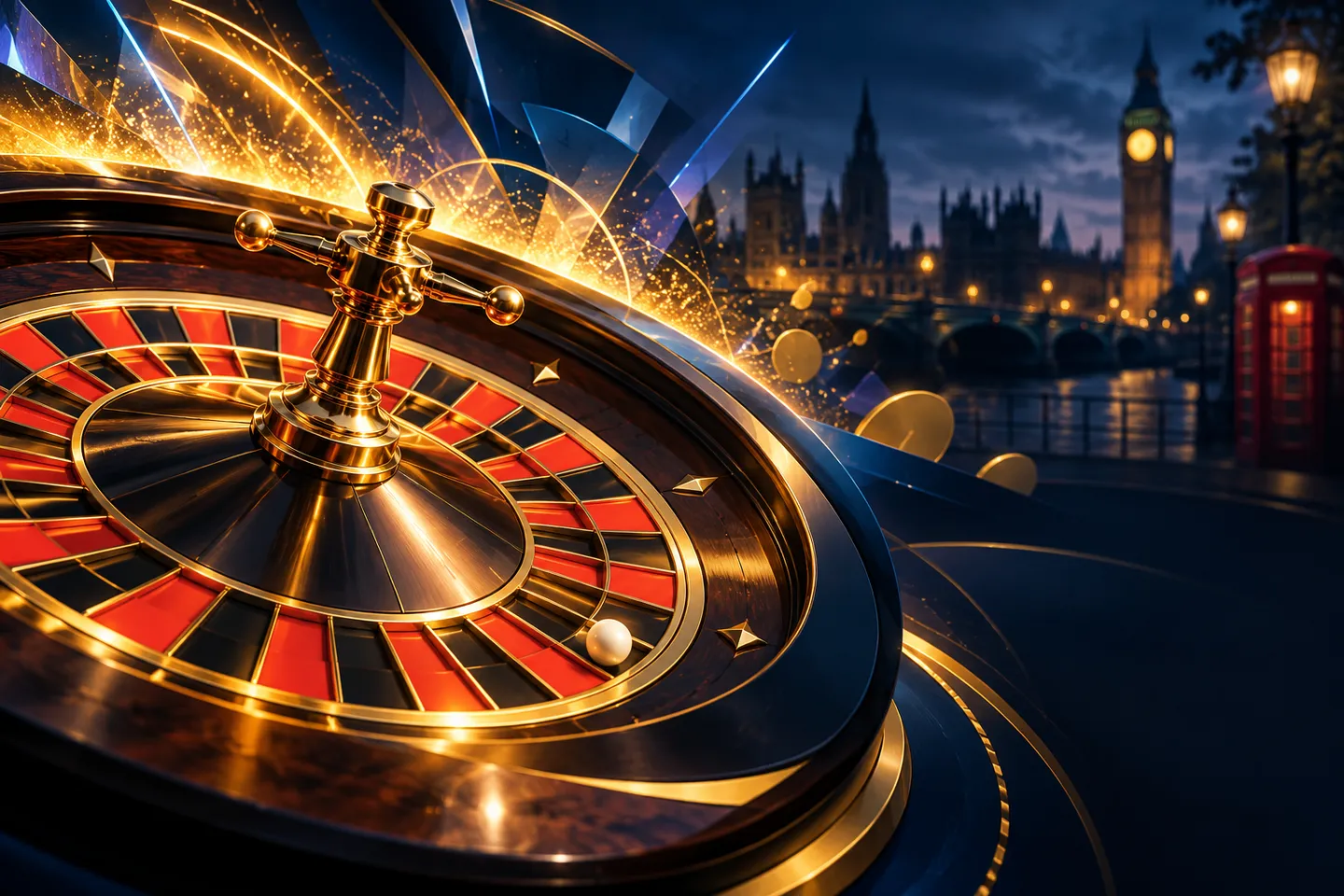 Premium editorial illustration of a roulette wheel with explosive gold light burst on deep navy background with subtle London