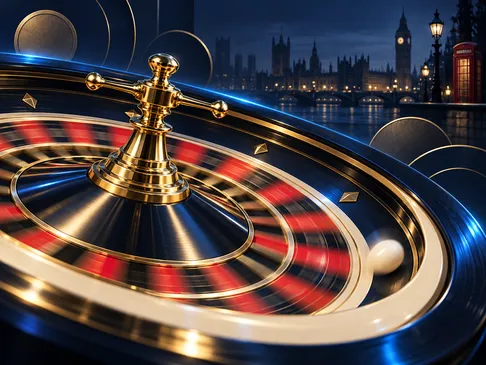 A spinning roulette wheel with gold and electric-blue highlights set against a deep navy background with subtle London skylin