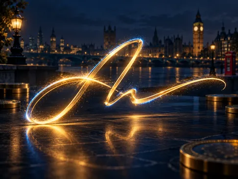 Semi-realistic editorial illustration of a glowing signature line in light against a deep navy background with gold highlight