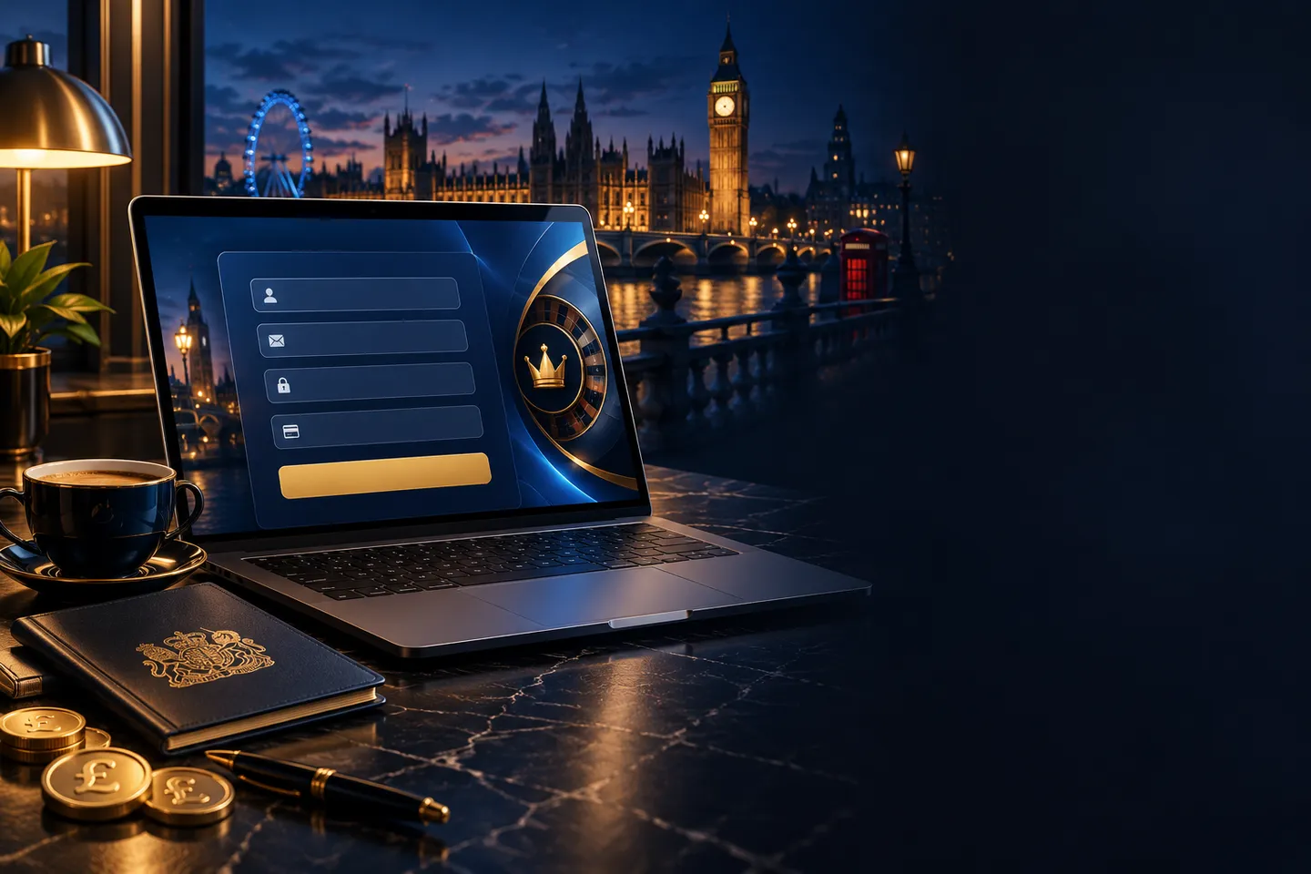 Laptop displaying an abstract sign-up form beside a passport and coffee cup, set against a deep navy background with gold acc