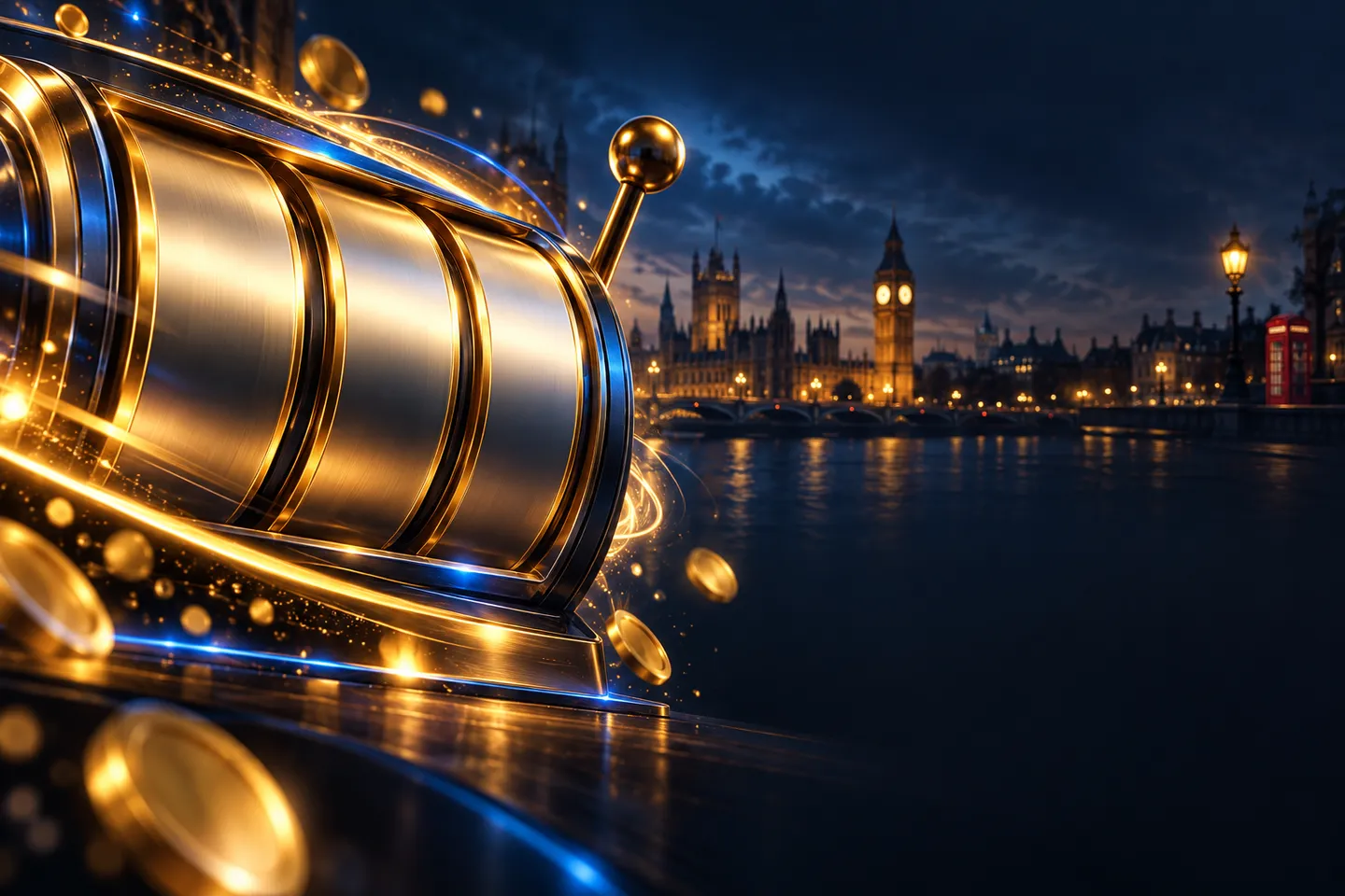Abstract slot reels spinning with gold sparks and electric-blue light against a deep navy background with subtle London skyli
