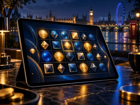 Semi-realistic digital illustration of a tablet showing an abstract game grid, deep navy background, gold accents, subtle Lon