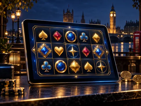 Semi-realistic editorial illustration of a glowing tablet showing a casino game grid, deep navy background with gold accents 