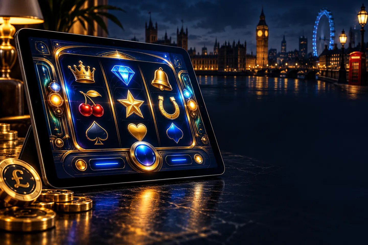 A tablet displaying an abstract slot game in demo mode, set against a deep navy background with gold highlights and a subtle 