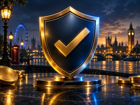 Gold shield with a checkmark on deep navy background, subtle London skyline silhouette and electric-blue rim lighting, trustw