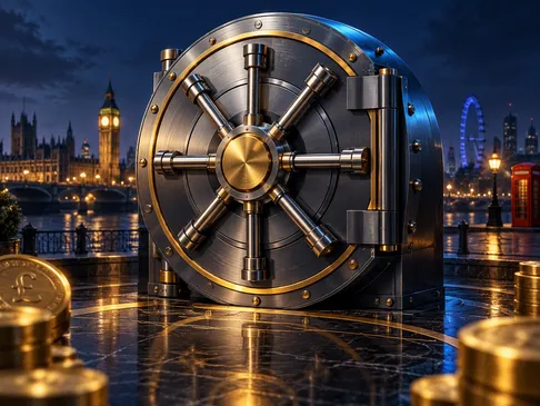 A cinematic vault door rendered in deep navy and gold tones with electric-blue rim lighting and subtle London skyline silhoue