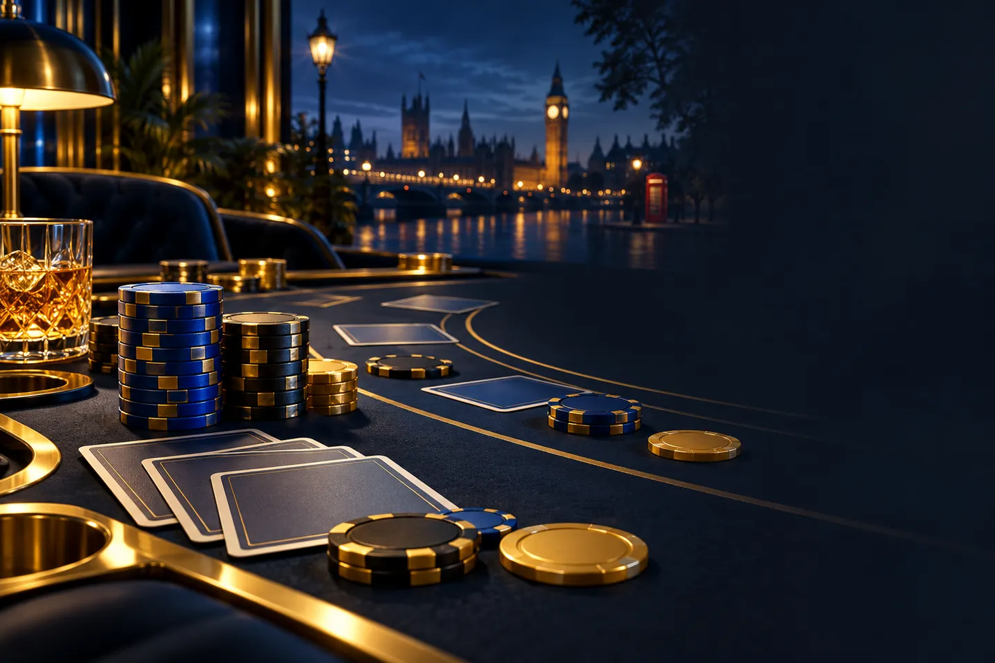 Close-up player's-eye view of a live casino table with abstract playing cards and chips on deep navy background with gold acc