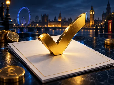 A gold resolved tick over an official document, set against a deep navy background with subtle London skyline and electric-bl