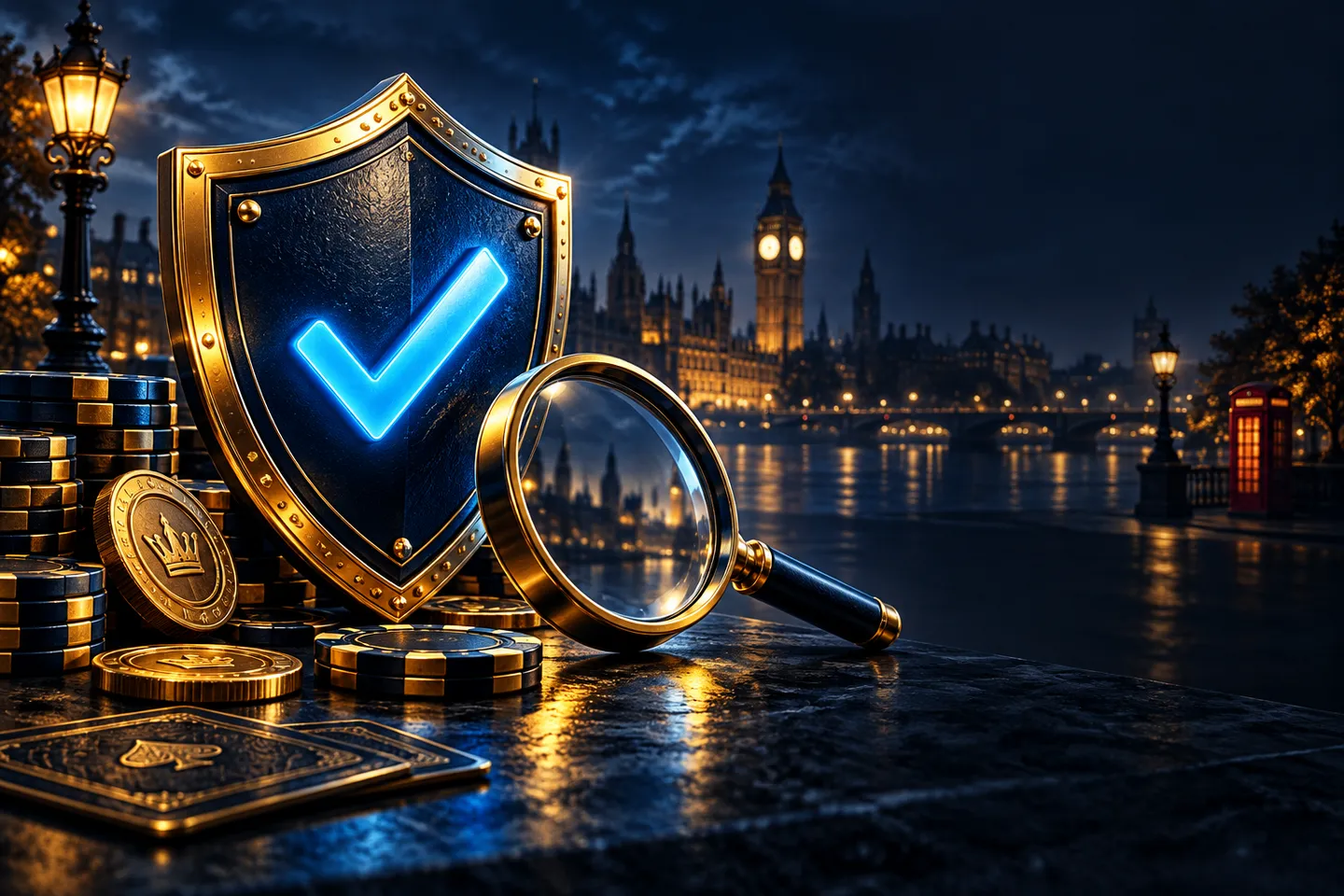 Glowing blue verified shield with tick and magnifying glass on deep navy background with gold accents and London skyline silh