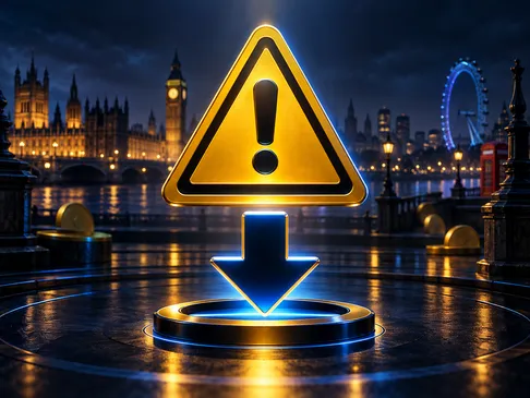 Gold warning triangle overlaid on a download arrow icon, deep navy background with electric-blue rim light and subtle London 
